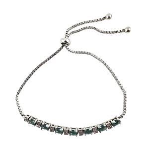 Real Diamond Chip Aqua Glass Silver Plated Bolo Drawstring Adjustable Bracelet